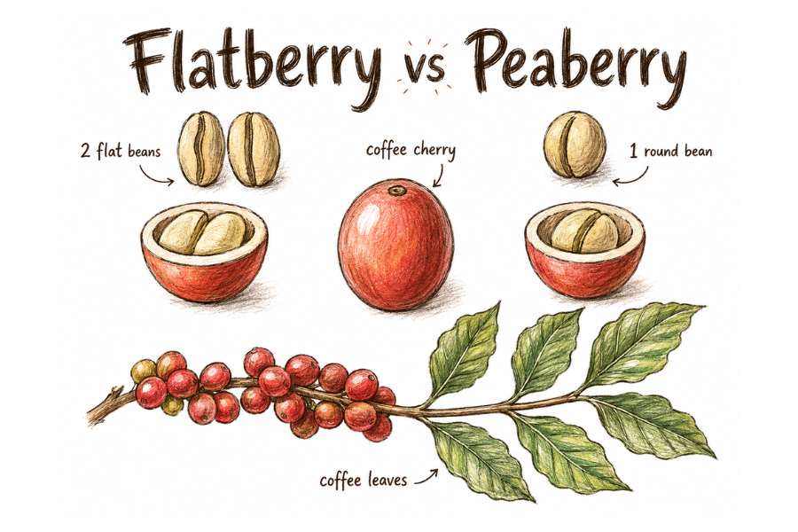 Illustration comparing regular flatberry coffee beans with peaberry beans