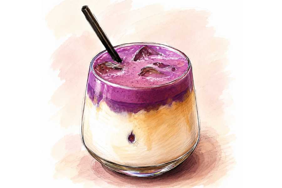 Layered iced ube latte with purple milk and espresso