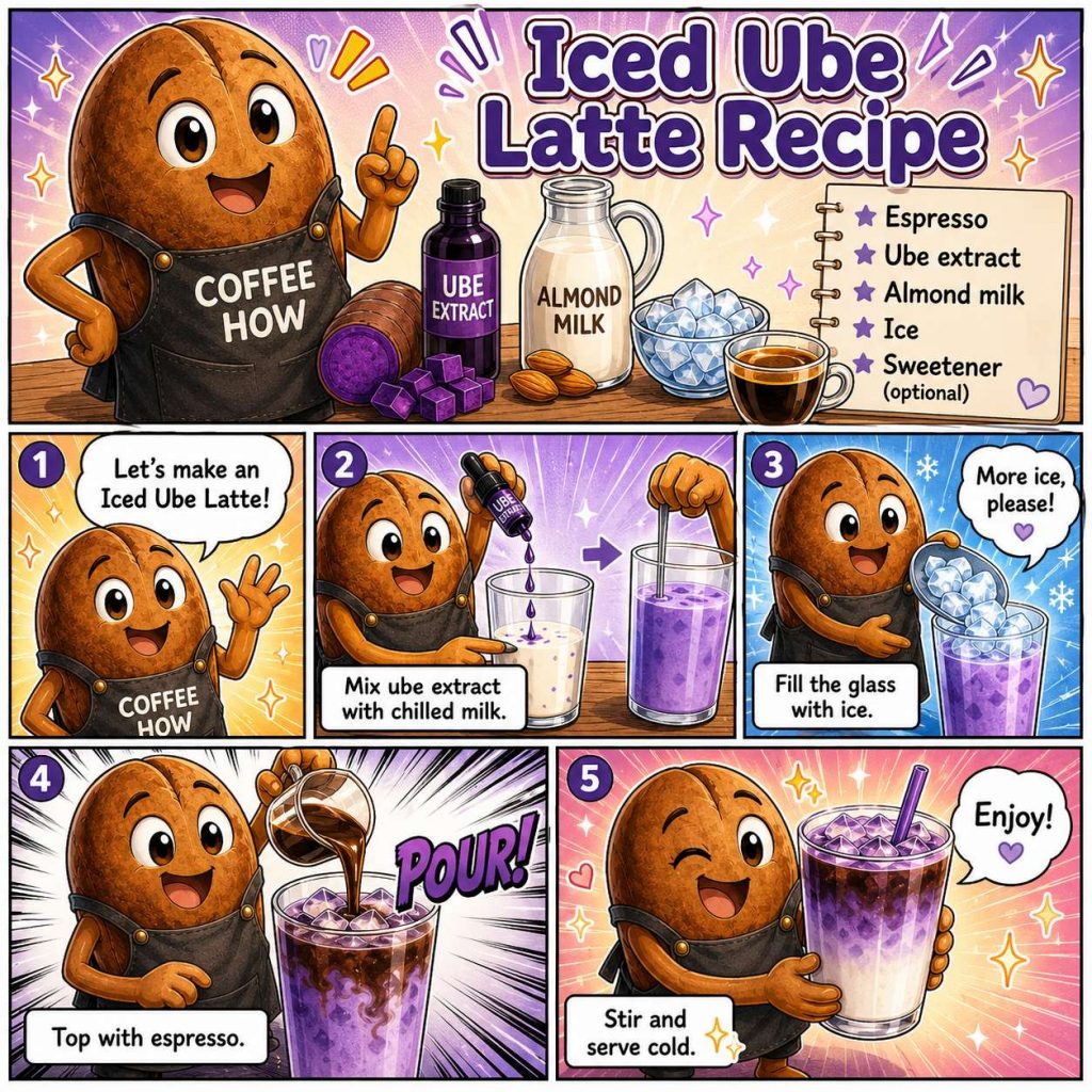 Step-by-step iced ube latte recipe illustrated by the CoffeeHow coffee bean mascot