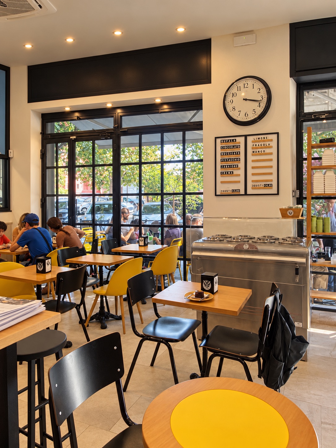 Inside Nero Vaniglia: light wood tables, yellow and black chairs, a wall clock and the gelato counter