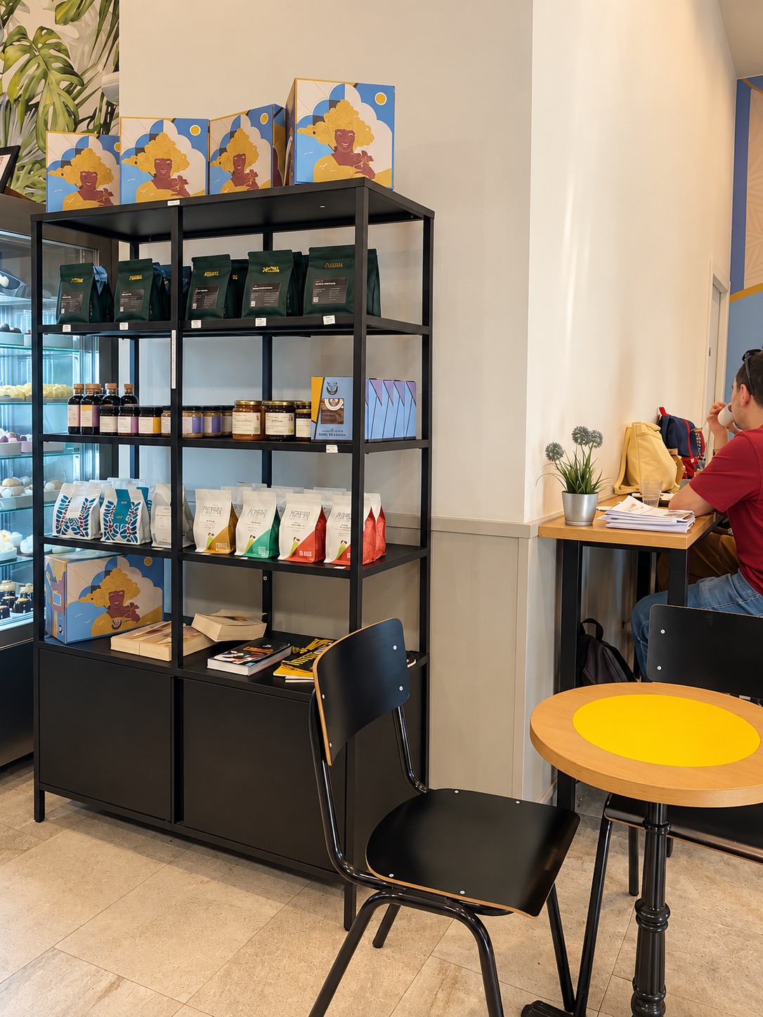 Retail shelf at Nero Vaniglia with bags of coffee from Italian and European specialty roasters
